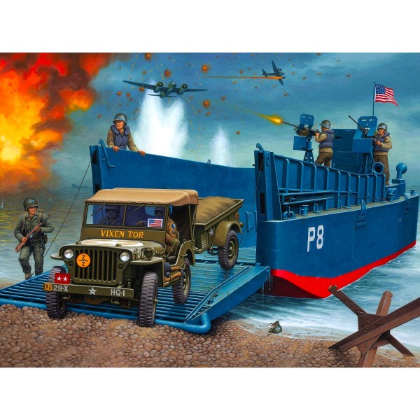Maquettes véhicules militaires : Barge de débarquement LCM3, jeep avec remorque et figurines - Revell-03000