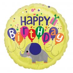 Ballon aluminium rond 43 cm : Happy birthday - Eléphant