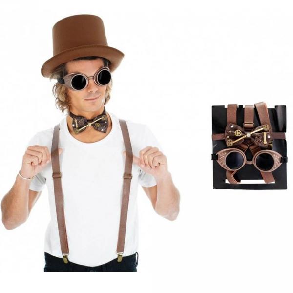 Kit d'accessoires Steampunk : Bretelles, lunettes, noeud papillon - 10695