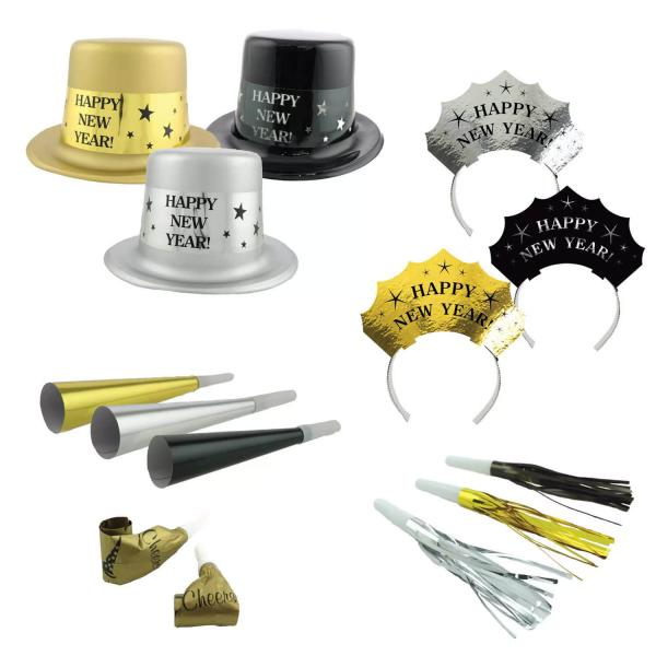 Kit cotillons Happy New Year - Noir - Or - Argent - 9902946