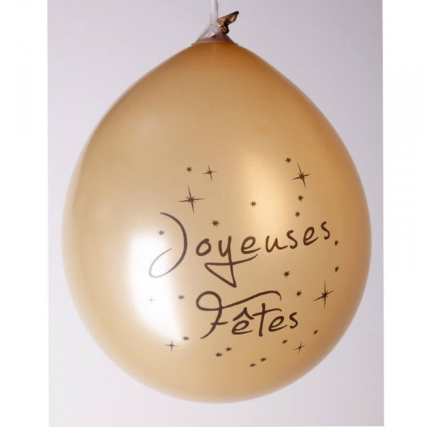 Ballons de Baudruche x10 - Imprimé Joyeuses Fêtes : Or Métal - 21124