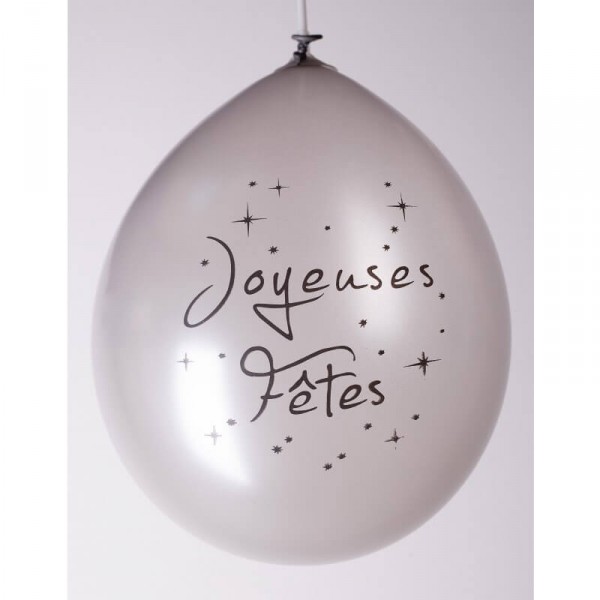 Ballons de Baudruche x10 - Imprimé Joyeuses Fêtes : Argent Métal - 21125