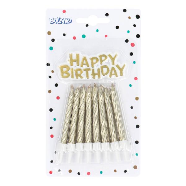 Set 16 Bougies Anniversaire en spirale avec bouchon de gâteau Happy Birthday - Or - 30350BOL