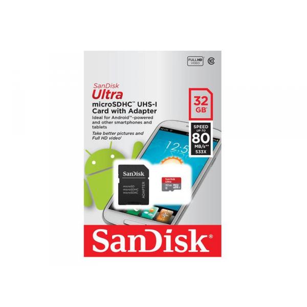 MicroSDHC 32Go Sandisk Ultra CL10 UHS-1 80MB/s (533x) Retail - 13309