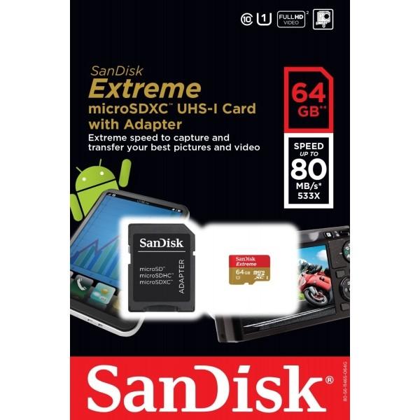 MicroSDXC 64Go Sandisk Extreme avec adaptateur CL10 UHS-I 80MB/s - MKT-SMSDX64