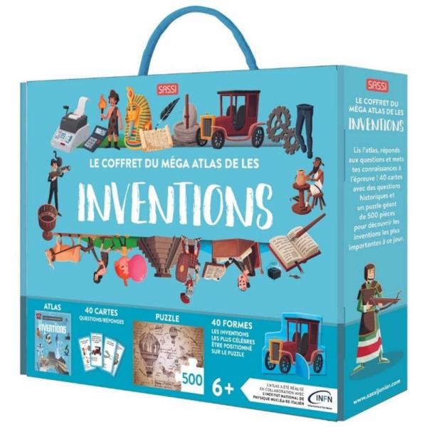 Coffret Méga Atlas des inventions : Livre, cartes, puzzle 500 pièces et 40 formes - Sassi-307575