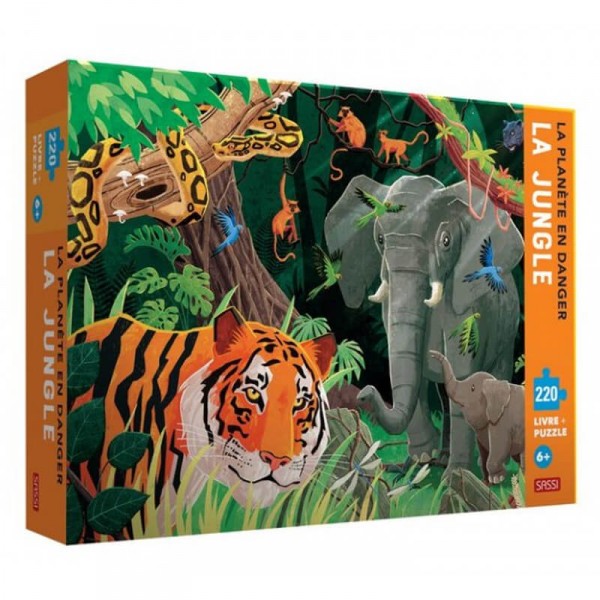 Coffret livre et puzzle 220 pièces : La Planète en danger : La jungle - Sassi-304536