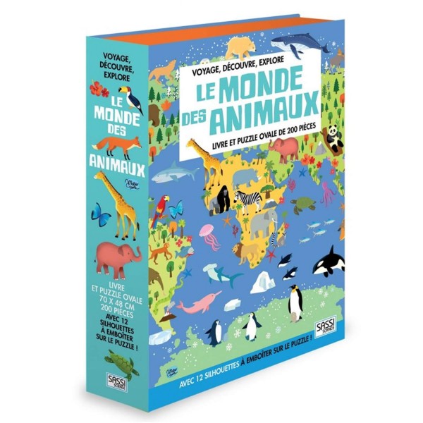 Coffret livre et puzzle 200 pièces : Voyage, découvre, explore : Le monde des animaux - Sassi-604882