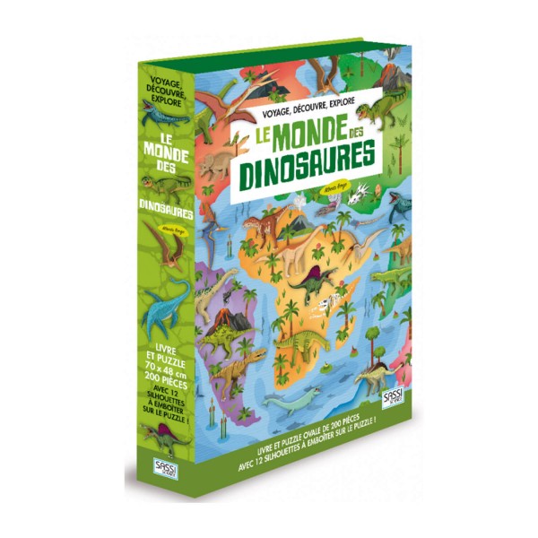Coffret livre et puzzle 200 pièces : Voyage, découvre, explore : Le monde des dinosaures - Sassi-605070