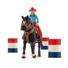 Figurines Farm World : Cowgirl et Tonneaux de Racing