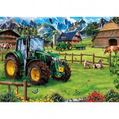 Puzzle 1000 pièces : Préalpes avec tracteur : John Deere 6120M 