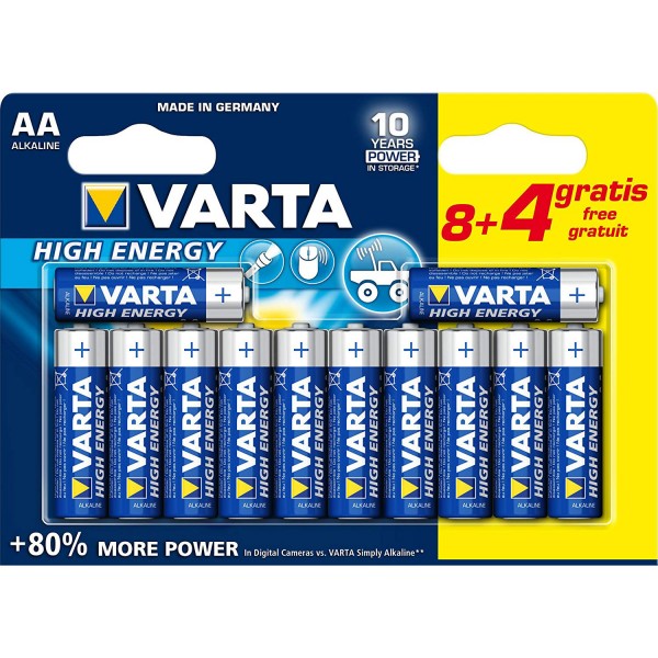 Piles LR6 AA High Energy : Lot de 8 + 4 gratuites - Varta-4906121472