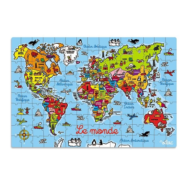 Puzzle 150 pièces en bois : Carte du monde en valise - Vilac-2604