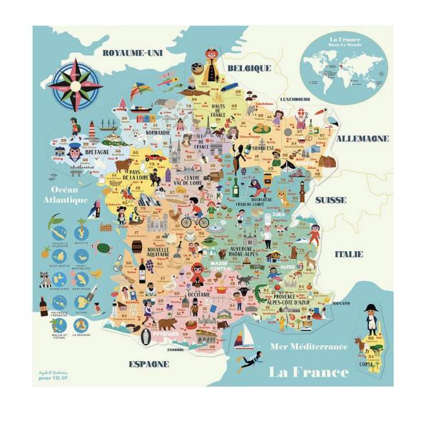 Puzzle 92 pièces en bois : Carte de France magnétique par Ingela P. Arrhenius - Vilac-7611