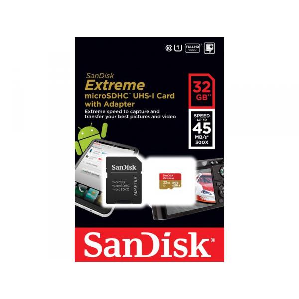 MicroSDXC 32Go Sandisk Extreme CL10 UHS-I 45MB/s + adaptateur - blister - 11751
