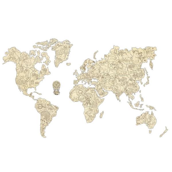 Puzzle 3D: MAPA DEL MUNDO ANIMALES XXL - Woodencity-WM510