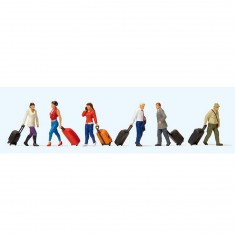 Modélisme HO : Figurines - voyageurs marchants avec des valises à roulettes