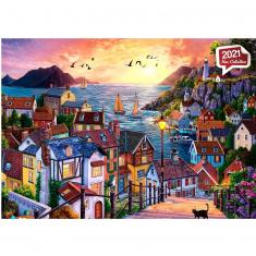 Puzzle 1000 pièces :  Ville côtière au coucher du soleil