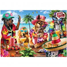 Puzzle de 1000 piezas : Perros bebiendo batidos en una playa tropical