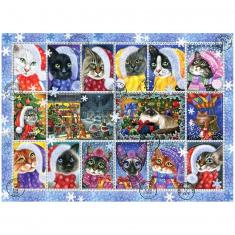 Puzzle 1000 pièces : Collection de timbres de chat de Noël