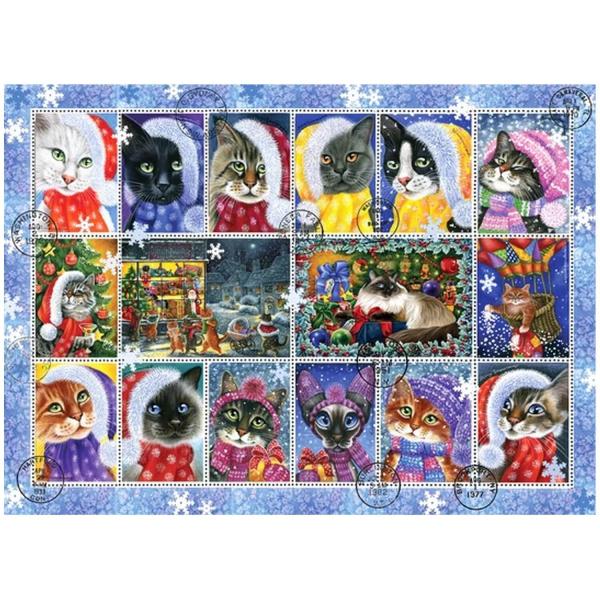 Puzzle de 1000 piezas: colección de sellos de gatos navideños - Anatolian-ANA1103