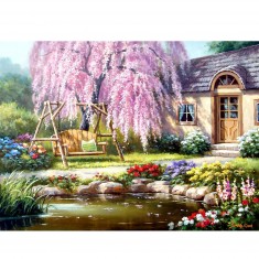 1000 Teile Puzzle: Cottage und sein blühender Kirschbaum