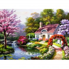 1500 pieces puzzle: Cottage with flowers in spring