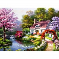 1500 Teile Puzzle: Häuschen mit Blumen im Frühling