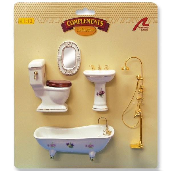 Accessoires pour maison de poupées : Mobilier pièce par pièce : Ensemble sanitaire porcelaine avec d - Artesania-10868
