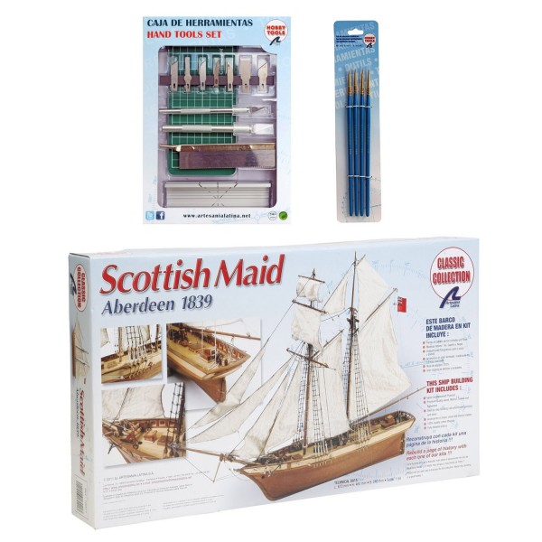 Coffret Maquette bateau en bois : Scottish Maid, kit outils n°2 et set de 4 pinceaux - KIT00140