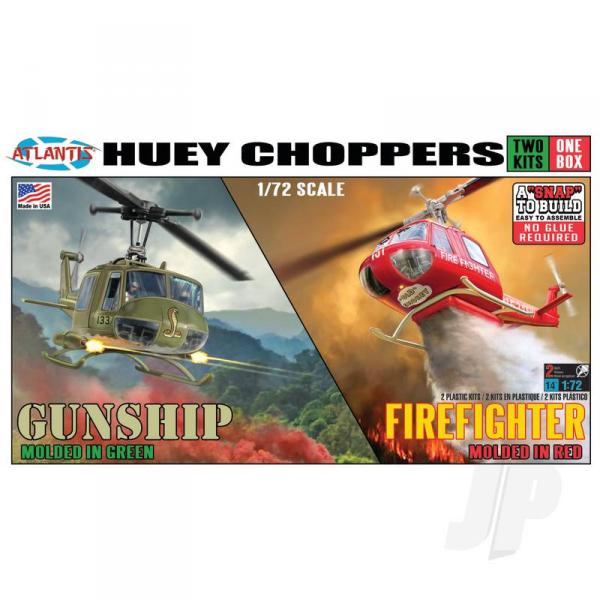 1-72e Snap Huey Helicopter 2 Pack Gunship/ Firefighter - Atlantis Models - AMCM1026
