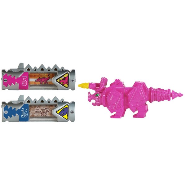 Figurine Power Rangers Dino Charge : 1 mini Zord rose (Tricera) et 2 Dino Chargers - Bandai-42250-42255
