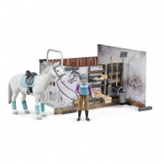 Set de equitación, jinete, caballo y accesorios.