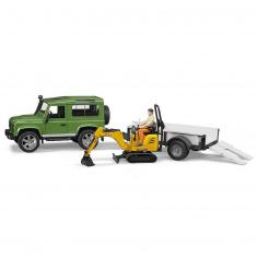 Land rover Defender avec remorque, JBC micro-pelleteuse et figurine