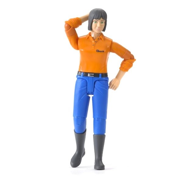 Figurine femme brune avec bottes, chemise orange et pantalon bleu - Bruder-60402-1