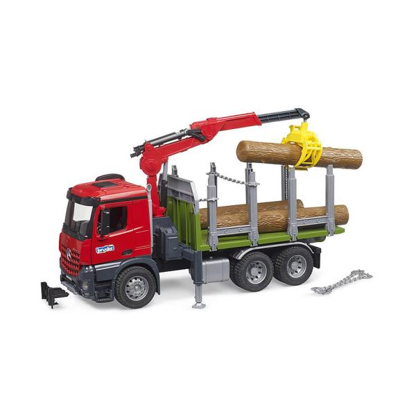 Camion de transport de bois Mercedes-Benz Arocs avec grue de chargement, grappin et 3 troncs d’arbre - Bruder-03669
