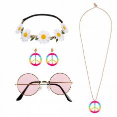 Set de complementos hippie (diadema, gafas, pendientes y collar)