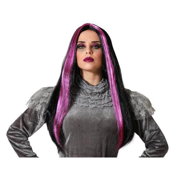 Peluca Larga Recta 60 Cm - Negra y Fucsia - Halloween - 39778