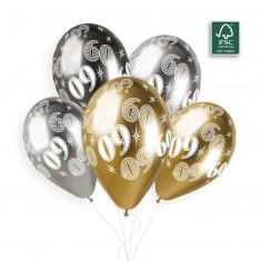  5 globos 60 años - 33 cm - dorado y plateado