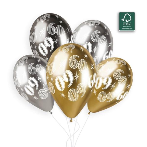  5 globos 60 años - 33 cm - dorado y plateado - 313932GEM