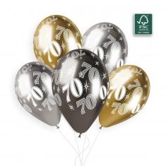  5 globos 70 años - 33 cm - oro y plata