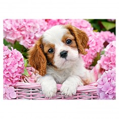 180 piece puzzle: Puppy in pink flowers