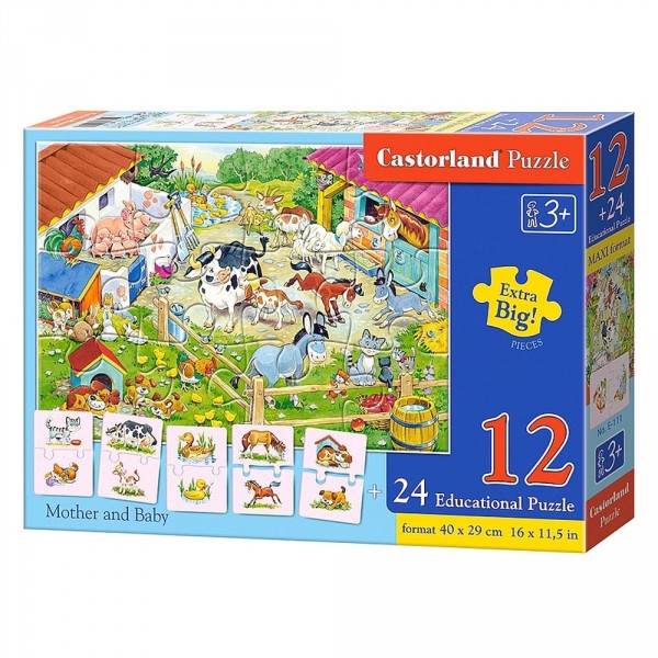 Puzzle 12 pièces + Puzzles éducatifs de 2 pièces : Maman Animaux et leur Bébé - Castorland-E-111