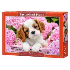 Puzzle 500 pièces : Chiot au milieu des fleurs