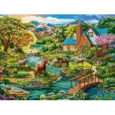 Puzzle 2000 pièces : Maison Idyllique avec des Chevaux