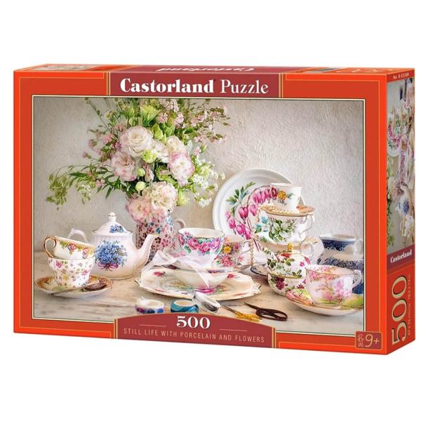 Puzzle de 500 piezas: Naturaleza muerta con porcelana y flores - Castorland-B-53384