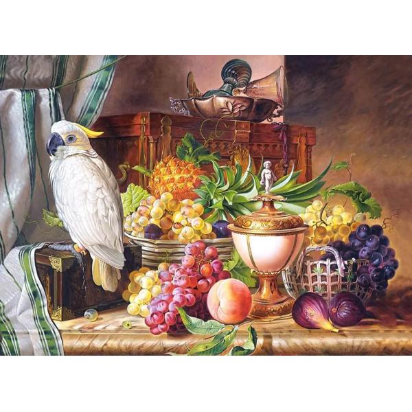 Puzzle 3000 pièces : Nature morte aux fruits et au cacatoès, Josef Schuster - Castorland-C-300143-2