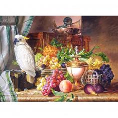 Puzzle de 3000 piezas : Bodegón con frutas y una cacatúa, Josef Schuster