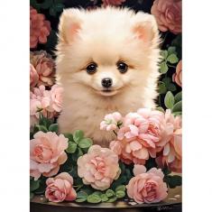 60 Teile Puzzle: Pomeranian-Welpe in Rosen