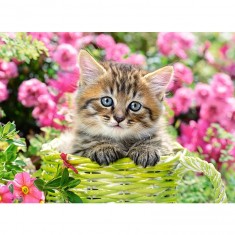 Puzzle de 100 piezas: Gatito en el jardín de flores
